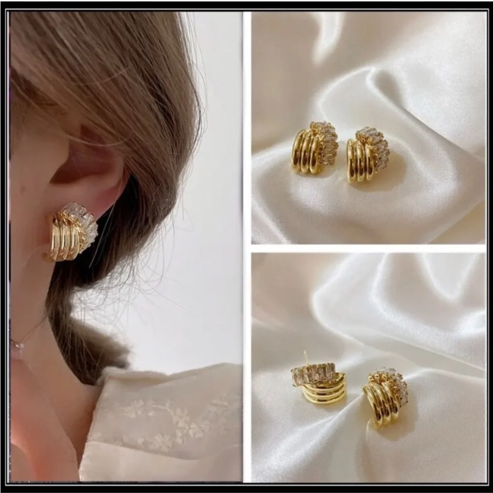 Clearance! NEW GOLD HALF CRESCENT SIMULATED DIAMOND BAGUETTE HUGGIE EARRINGS
